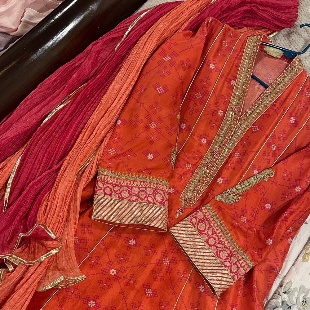 FARAH TALIB AZIZ -  Tangerine and hot pink Embroidered shirt + duppata